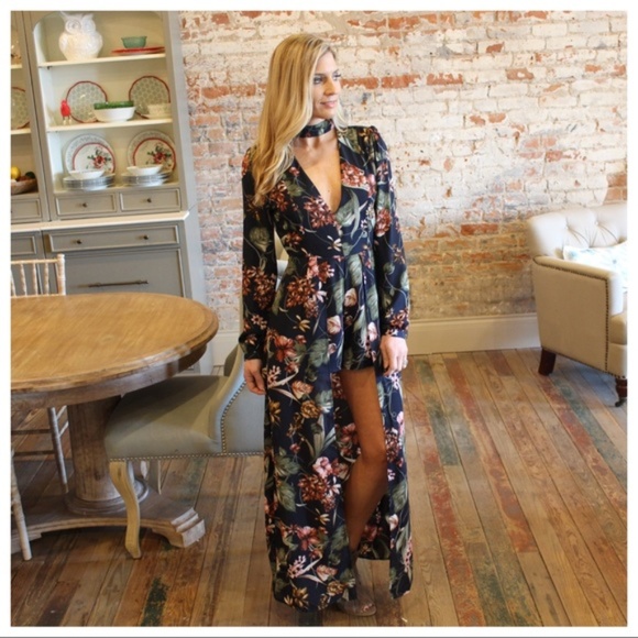 LAST ONE! Gorgeous Navy Floral Print Romper-Maxi - Picture 2 of 4